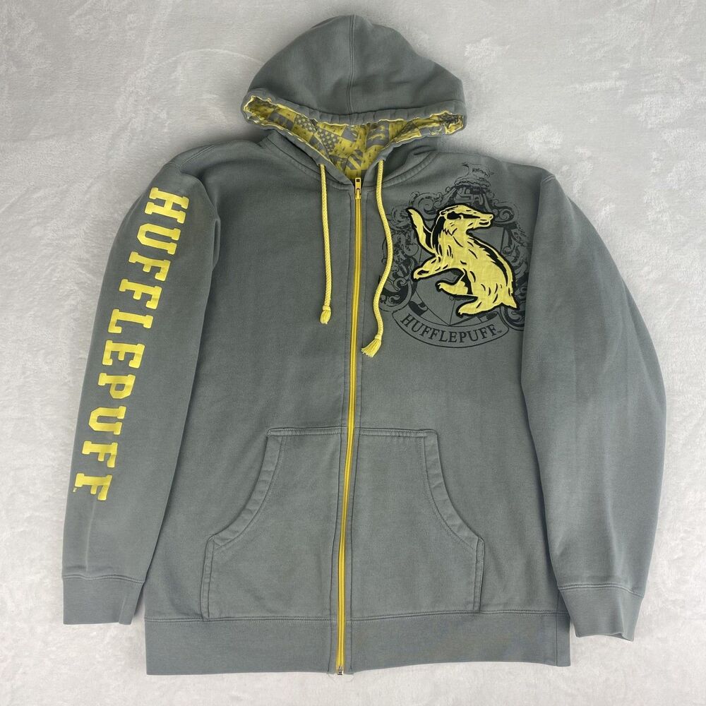 Universal Harry Potter Hufflepuff Zip Up Sweater Adult Medium Gray Hooded Logo